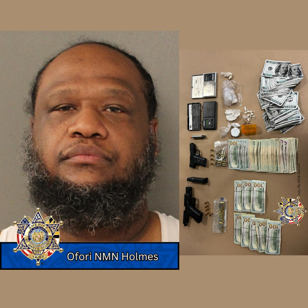 booking photo of a man with a beard and the Sheriffs badge and an image showing seizure items including cash, narcotics and handguns.