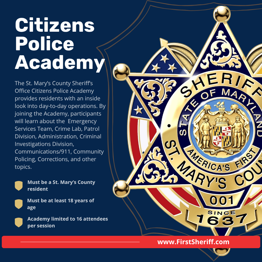 Graphic with a dark blue background and a sheriffs badge and informatin about the citizens police academy