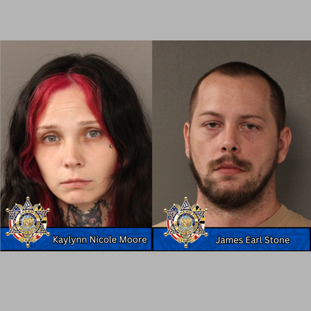 Booking photos of a woman and a man with the Sheriff's Office badge.