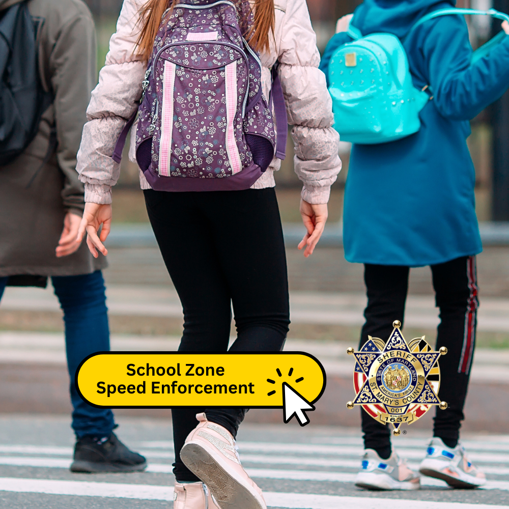 Graphic showing students walking with text that says school zone speed enforcement