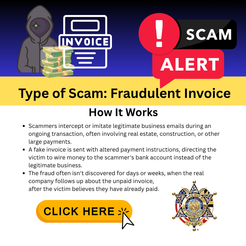 Image of a scam alert grpahic for Fradulent Invoice Scams