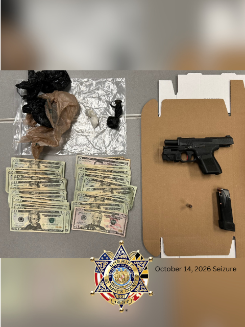 Image of cash, narcotics and a handgun with a Sheriff's Office badge.