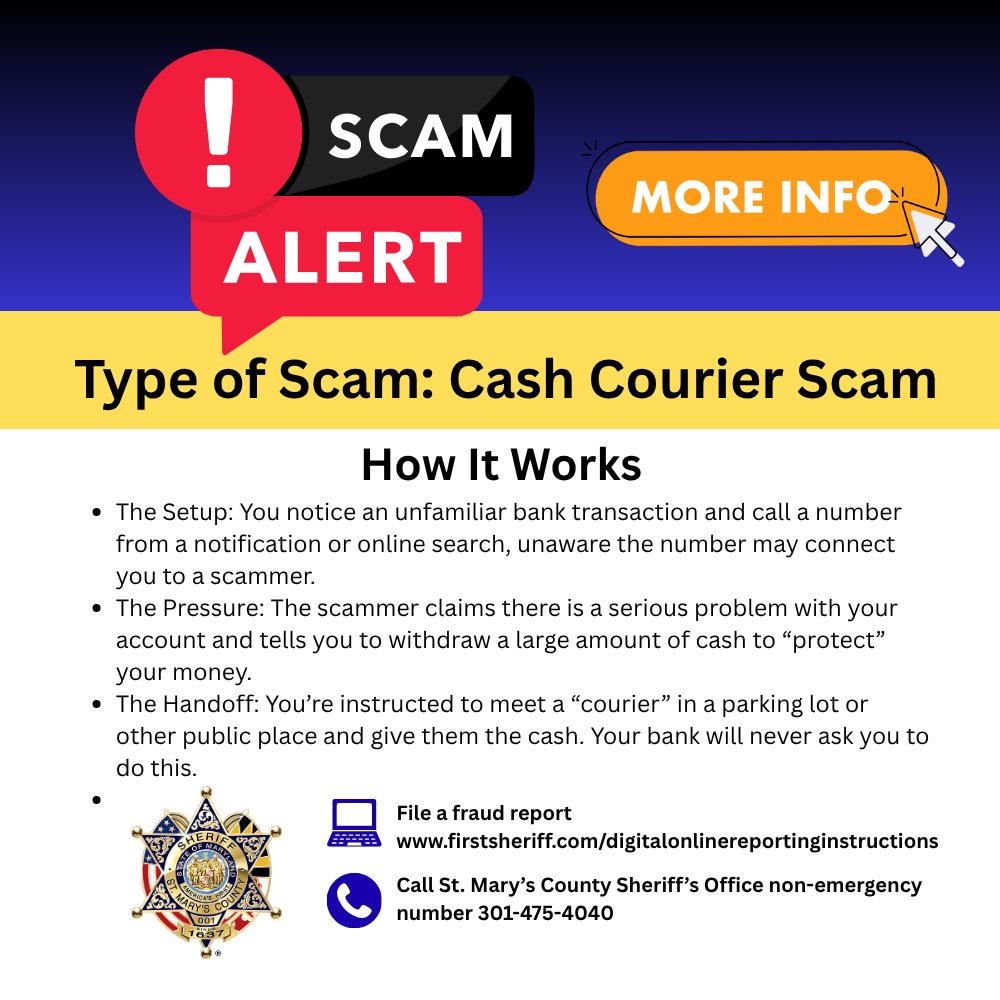 Graphic with bright colors and the words cash courier scam 