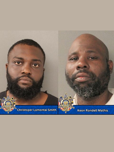 Two booking photos of males in front of gray backgrounds.